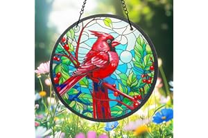 H&D HYALINE & DORA 6.3 '' Red Bird Window Hangings Cardinal Birds Stained Glass Panels Hanging Colorful Window Hanging Panel Indoor Outdoor Home Garden Ornaments