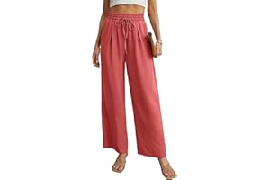 QIXING Womens Summer Wide Leg Trousers Elastic High Waist Casual Loose Pants with Pockets and Drawstring for Women UK Ladies Work Tracksuit Yoga Gym Running Trouser