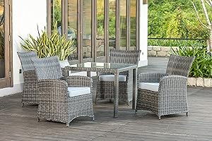 BACKYARD DISCOVERY Backyard Furniture Marbella Rattan Wicker 4 Seat Square Dining Set with Cushions and Weatherproof Furniture Cover
