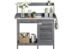 Abician Table de Rempotage Extérieure en Bois avec Tiroir Plan de Travail en Métal Étagère de Rangement Placard Inférieur 3 Crochets Latérales Table de Jardin pour Pots de Fleurs Gris