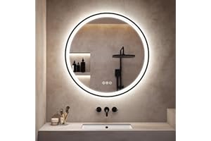 S'bagno Redondo-Espejo-Baño-con-Luz 60CM, Espejo-Baño-LED-con-Bluetooth, Antivaho, 3 Colores de Luces, Regulable, Memoria Luz, IP44, Vidrio Templado, Marco Hierro Negro