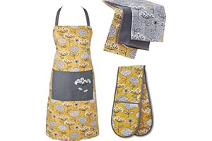 Cooksmart 5 Piece Apron, Double Oven Gloves & Tea Towels Set | Set of Aprons, Tea Towel & Oven Gloves Double Perfect For Any Kitchen | Oven Glove, Kitchen Apron & Tea Towels For Kitchen - Retro Meadow