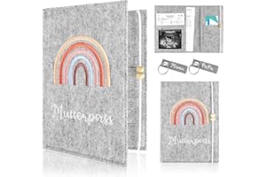 PlsMupn Mutterpass Schutzhülle, Filz Handgefertigt, Mutterpasshülle, 4 Fächer, Hülle Mutterpass Kommt mit Zwei Schlüsselanhängern, Mutterkindpasshülle für Schwangerschaftsdokumente(Grau)