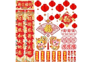 AWEYKA 40pcs Chinese New Year Decoration Set, Include Chinese Couplet, Huichun, Fan-shaped Fu Hanging Ornaments, Fu Sticker, Red Lantern,Red Envelope, Dragon Door Sticker for 2024 Spring Festival Party Decor