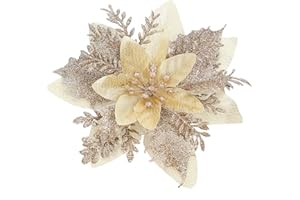 Xmastell 15Pcs Poinsettia Artificial Flowers Decorations, Glitter Christmas Flowers Ornaments, Christmas Tree Decorations Flowers, with Clips for Xmas/Wreath/Garland Decor, 14cm Chamagne