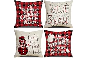 Bigqin Federa Per Cuscino Di Lino Di Natale 45 X 45 Cm, Set Da 4 Pezzi Con Home, Con Chiusura Lampo Nascosta, Cuscino Per Divano（Elementi Natalizi Serie 1）
