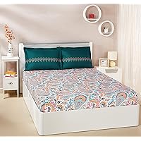Amazon Brand - Solimo Paisley Preen 144 TC 100% Cotton Double Bedsheet with 2 Pillow Covers, Green and Orange