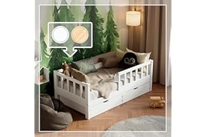 ‎RIVERBANK RIVERBANK Kinderbett 80x160 mit Rausfallschutz. (weiß) Kleinkind Jugendbett Massivholz Kiefer Bettgestell mit Lattenrost & Schubladen Stauraum. Kinder Bett für Mädchen oder Jungen