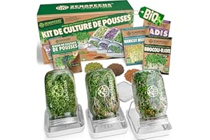 zengreens® Kit de germoir pour graines à germer Bio – Lot de 3 bocaux à pousses – Comprend Bocal à germes, Plateau de Germination et semences – Contient Guide et vidéo-Cours de Culture