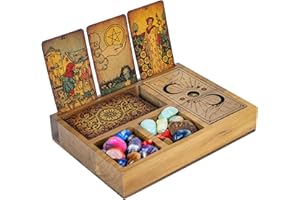 Curawood Tarot Card Holder Stand Display & Deck Box - Witchy Gifts for Women, Tarot Accessories, Wiccan Altar Supplies, Crystal Holder Tray, Witchcraft Decor - 3-Card Stand with Deeper Compartment