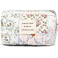 Sminra 2 Pieces Makeup Bag Cute Large Travel Quilted Cosmetic Makeup Bag Organizer, Floral Cotton Coquette Aesthetic Toiletry Bag Storage Bag for Women Girls accessories, Blue Floral-S, Coquette