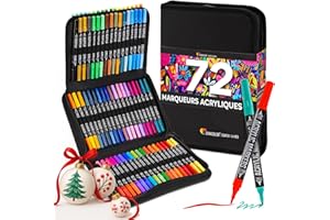 Zenacolor Feutre Acrylique 72 Couleurs - Double Pointe (Pointes Fines et Pinceau) Feutres Coloriage Adulte - Feutres Acrylique pour Diverses Surfaces - Pochette Inclue