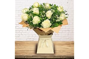 HAPPY PLANTING UK White Rose Fresh Bouquet For Mum, Wife, Girlfriend - Luxury Gift Box, Ideal For Anniversaries, Fresh Flower Delivery