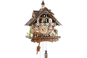 Eble 22305, orologio a cucù, in vero legno, alimentato a batterie, a quarzo, suona il richiamo del cuculo, a cinque foglie, 42 cm