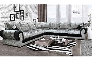 HHI New Black/Silver Crushed Velvet Sofa - Large Corner Sofa Couch- Soft velvet fabric settee - Corner Sofas for living room