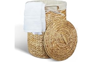 Casa Mina® Wäschesammler mit Deckel D35 x H50cm hoch I Atmungsaktiver Wäschekorb geflochten aus 100% Naturfaser I Robuster Wäschesammler mit Griffen & waschbarem Innensack I Wäschekörbe - Manila
