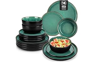 Geschirrset 6 Personen, vancasso PLAYA Steingut Geschirr set 18tlg für 6 Personen, Grün Tafelservice mit Teller set, Schalen & Salattellern, Spülmaschinenfest, Mikrowellengeeignet