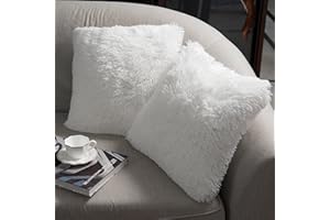 NordECO HOME Pack of 2 Faux Fur White Cushion Covers Luxury 45 x 45 Fluffy Decorative Fuzzy Square Throw Pillow Case 18 x 18 for Sofa Decor
