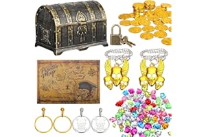 Enhon 147 Pieces Pirate Treasure Chest Toy Box with Lock and 1 Treasure Map 100 Colorful Gems 40 Pirate Coins 4 Earrings 2 Skeleton Necklaces for Halloween Pirate Themed Party Favors (Bronze)