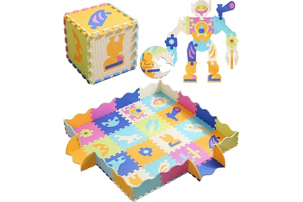 MUSOLEI Tapis Puzzle Bébé Mousse Enfant Tapis d’eveil Animaux Robot Tapis de Jeu Jouet Bâs Age Multicolore Imperméable Antidérapant 142x142x1 cm 36 Dalles Modèle 06 Cadeau Fête Anniversaire Naissance