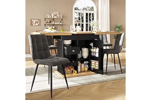 Merax Dining table 110-140×80x75cm, Extendable Kitchen Table, elegant wood grain design,Door with spice racks,2Drawers and 3Wine Racks,solid table base, for 4-6 People, for Home&Office, Oka+Black