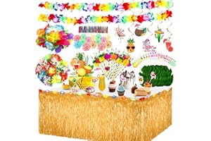 Chennyfun Hawaiano Luau Falda de Mesa Set de decoración, Decoración de Fiesta Tropical con Hojas de Palma Flores Hawaianas adorno de pastel y pajitas de Fruta Decoraciones de Mesa de Fiesta de Verano