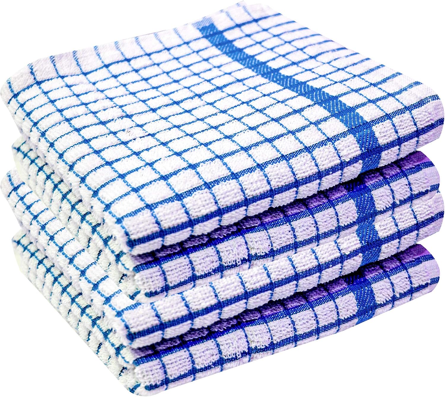 Xelay Kitchen Tea Towels 100% Cotton Dishcloths Wonderdry For Dish Drying Washing Reusable Absorbent Terry Unpaper Cleaning Cloths Machine Washable – 40cm x 60cm (Blue/White Jumbo Check Pack of 4)