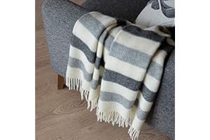 Linen & Cotton Wełna w paski narzuta/koc Malmo - 100% czysta wełna nowozelandzka, antracytowy/szary/biały (140 x 200 cm) podróżny/ciepły pled na sofę łóżko kanapę narzuta pojedyncza podwójna wełna