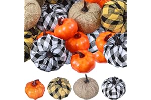 GEOSAR 18 Calabazas Artificiales de Halloween Decoración de Calabaza a Cuadros de Búfalo Calabazas de Otoño Decorativas Calabaza Artificial de Cosecha para Granja Chimenea Acción de Gracias