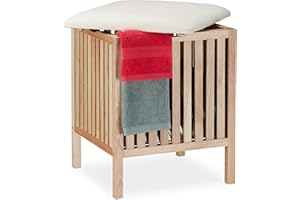 Relaxdays Taburete Cuadrado con Cesto Ropa Sucia, Banco Almacenaje Madera/Tela, Baño 40l, 51x41x41cm, Natural/Blanco