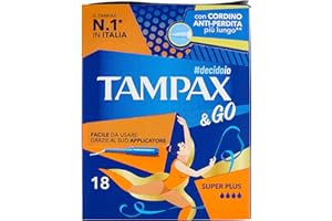 Tampax & Go Super Plus, 18 podpaski higieniczne z plastikowym aplikatorem, z antypoślizgowym uchwytem i podwójnym sznurkiem ochronnym, idealne do dużych przepływów