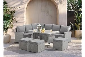 EVRE 9 Seat Marilyn Corner Sofa & Dining Rattan Garden Furniture Set for Indoor Outdoor Patios Gardens Conservatories (Mountain Grey)