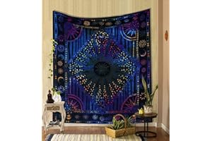 THE ART BOX Hippie Mandala Sole Luna Bruciare Sole Psychedelic Arazzo Néon Blu - 135x210 cm Indiano Cotone Celeste Bohemian Parete Pianeta Trippy Arazzi