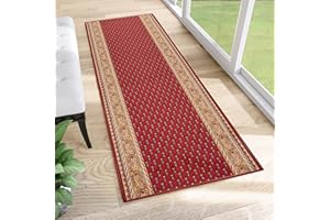 TAPISO Anti Rutsch Teppich Läufer rutschfest Brücke Meterware Oriental Rot Gelb Ornament Floral Design Flur Küche Wohnzimmer 80 x 340 cm