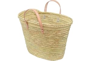 Cesteria Aparici - Capazo de palma con asas cortas de vaquetilla beige para customizar 5010-9 (55x28x35) Capazo para comprar, cesto para la playa, bolso multiusos