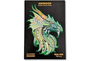 JUEGACONMIGO Aniwood drewniane puzzle w kształcie zwierząt Wieczko z wytłoczeniem w rozmiarze puzzli Zawiera unikalne elementy z kształtami zwierząt (rozmiar M, smok)
