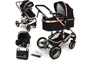 KIDUKU® Poussette Combinée 3 en 1 | Trio pour Enfants | Siége Auto Légère, Piable | Nacelle Souple Convertible | Set de Voyage (Noir/Champagne)