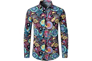 PARKLEES Men's Cotton Linen 70s Disco Retro Traditional Pattern Printed Long Sleeve Button Down Shirt