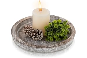 Hanobe Rustykalna drewniana taca do serwowania, okrągła, dekoracyjna, bielona, centralny świecznik, na otomanę, do dekoracji blatu kuchennego, domu, stolika kawowego