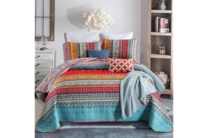 WONGS BEDDING King Size Reversible Bohemian Bedspread with 2 Pillowcases Boho Striped Bedspread Coverlet for All Season Soft Microfiber Quilt 240x260cm