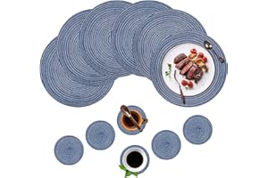Cerolopy 12Pcs Round Place Mats Set of 6, Durable Nordic Style Hemp Cotton Threaddining Placemats for Home Kitchen, Dining Table, Outdoor, Christmas Party(6 Placemats+6 Coasters, Blue)