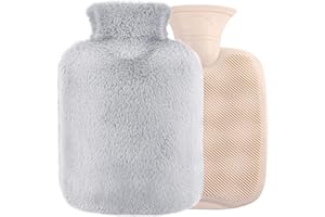 IRABEY Wärmflasche mit Bezug - 2L Groß Wärmflasche mit Kängurutasche, Wärmflasche Kinder, Wärmflaschen zur Behandlung von Schmerzen & Fieber, Bettflasche für Kinder und Erwachsene (Hellgrau)