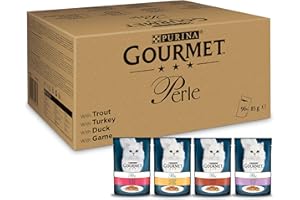 Purina Gourmet Minifiletes, Comida húmeda para Gatos en gelatina, 96 bolsitas de Comida húmeda para Gatos, variedades, 12 Unidades (12 x 8 Bolsas de 85 g)