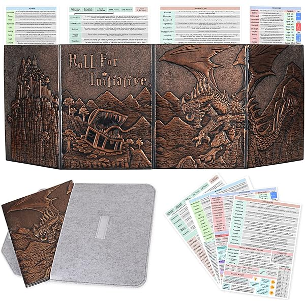 DND 5e DM scherm 8 kunstleer luxe paneel 2 swingende natte wiszakken en kerker meester spiekbriefje