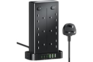 TOOMKE Tower Extension Lead with USB C Slots, 12 Way Multi Plug Socket Extension with 6 USB Ports, Overload Protected Extension Lead with 4 Switch Tower Extension Cable 1.8m for Home Kitchen Office