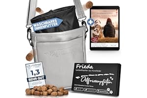 Ostfriesenpfoten® Leckerlibeutel 'Frieda' für Hunde aus hochwertigem Kunstleder - Grau Größe M - Futterbeutel mit EasyOpen Einhandmagnetverschluss - Gassitasche für Hunde-Leckerli