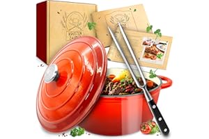 KRUSTENZAUBER Pentola in ghisa [con forchetta per carne] – 26 cm adatta al forno – ideale per arrosto con coperchio adatto al forno, pentola a induzione, smaltata, cast Iron