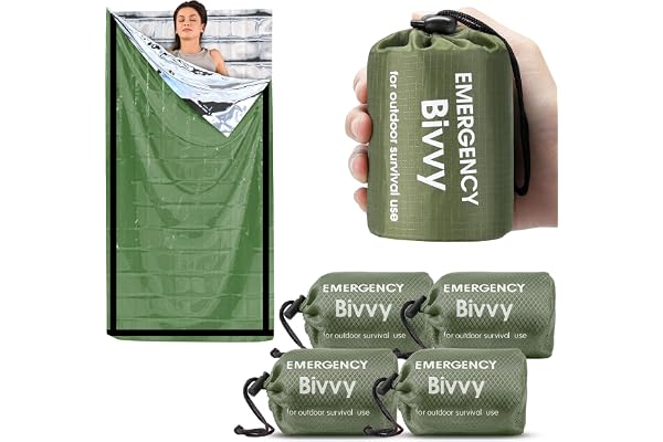 Deecam Sac de Couchage de Survie, Couverture de Survie, Couverture de Survie reutilisable,Sac de Couchage d'urgence, Bivvy de Survie Léger Camping en Plein air Randonnée(4 pièces)