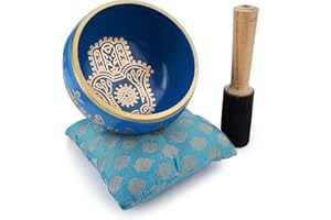 Ajuny Ciotola Tibetana Buddista - Mano di Hamsa Fatima - Suono di Meditazione Campana OM Blu - Accessori per Rilassamento e Meditazione del Diametro di 4 Pollici - Bastone e Cuscino Inclusi