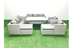 FMSGarden Rattan Garden Furniture Set Outdoor 8 Seater Patio Dinin g Sofa Sets with Dining Table 2 Chairs 2 Big Footstools Light Grey Mixed